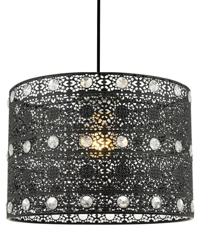 Matte Black and Acrylic Gem Moroccan Style Chandelier Pendant Light Shade Fitting with Clear Beads | 11w | 24cm Diameter by Happy Homewares