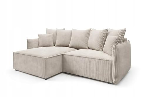 Easy4You Beige Ausziehbare Rosso Eckcouch mit Schlaffunktion – Bequeme Cord-Ecksofa mit Bettfunktion, Stauraum und Wellenfederung – 135x204 cm, Universal Links/Rechts