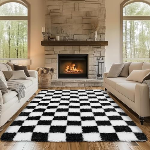 Sour Lemon Teppiche für Wohnzimmer 160x230cm,schwarz-weißer Karo-Teppich für Schlafzimmer waschbarer Rutschfester extragroßer Flauschiger Shaggy-Teppich für Kinderzimmer,Wohnheim