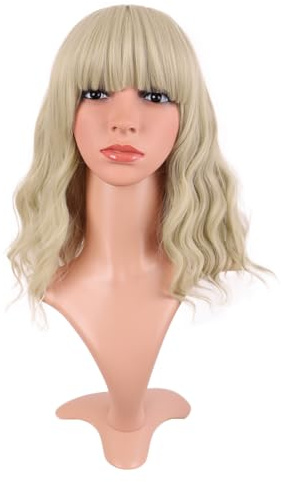 MapofBeauty 14 Zoll/35 cm Kurze Gewellte Lockige Frauen Frische Helle Synthetische Gewöhnliche Flache Pony Bob Perücke (Gold)