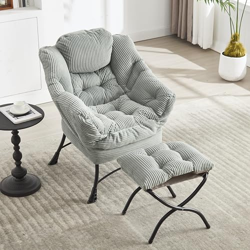 Lazy Chair with Ottoman, Modern Lounge Accent Chair Armrests and a Side Pocket, Corner, Leisure Upholstered Sofa Reading with Footrest for Small Space (Hellgrün)