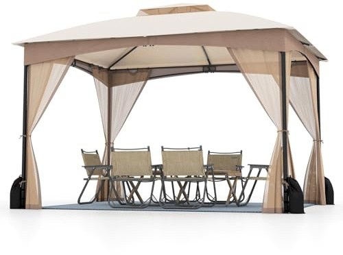FANTASK Pavillon, Gartenpavillon, Partyzelt mit 4 Sandsäcken & 4 Moskitonetz & Doppeldach & Tragetasche, 3 x 3,6 m Faltpavillon für Terrasse & Garten (Khaki)