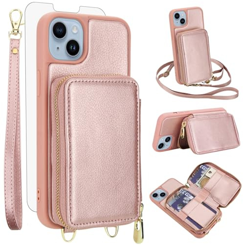 Phone Case for iPhone 13/14 6.1 inch Wallet Cell Cover with Tempered Glass Screen Protector Crossbody Strap Lanyard RFID Blocking Card Holder iPhone13 iPhone14 5G i i-Phone i13 i14 Women Rose Gold