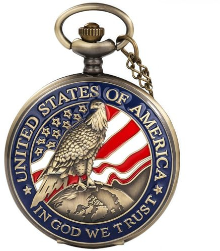 Kchss Reloj de bolsillo con bandera de águila americana, bandera patriótica de Estados Unidos, 4 de julio, con cadena, números arábigos, Día de la Independencia