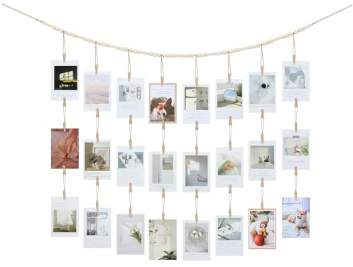 Fotogirlande mit Holzperlen & Clips,Boho hängende Fotowand Deko,DIY Foto hängendes Makramee Display,Bilder Girlande Wanddeko zum Fotos Aufhängen im Schlafzimmer Wohnzimmer Kinderzimmer,34 Holzklammern