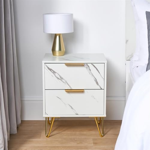 OHS White Marble Bedside Table 2 Drawer, Modern Wooden Bedside Tables Decorative Nightstand Side Table Storage Unit End Tables for Living Room Bedroom Hallway, 40 x 30 x 52cm