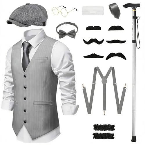 Forbabe 20er Jahre Kostüm Herren Damen, Mafia Karneval Set mit Weste Hosenträger Hut Krücke Faltbare Krücke, Anzug für 1920S Gangster Halloween Mottoparty