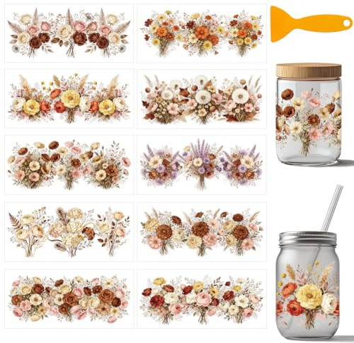 arricraft 10 Blätter Bohemian Bouquet Thema UV DTF Tasse Transfer Aufkleber | 24x11cm Wasserfest Rub On Sticker Möbelfolie Selbstklebend für DIY Kunsthandwerk Becher, Flaschen, 16oz Glas, Möbel
