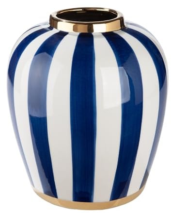 GILDE Vase Elio - Keramik - bauchig - glasiert - gestreift - blau weiß - Höhe 30cm x Ø 26cm - Filzgleiter und wasserdichte Vase