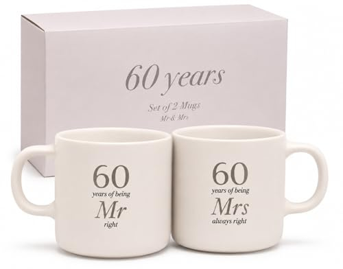Widdop & Co - Set di 2 tazze in gres porcellanato per coppie sposate, 60 anni, con scritta Mr and Mrs, per 60° anniversario di matrimonio