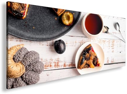 Leinwandbild Gemütliches Kaffeegedeck mit Kuchen auf rustikalem Tisch Panorama 100x50cm XXL Wandbild auf Keilrahmen/Kunstdruck/Bild Wohnzimmer Dekoration