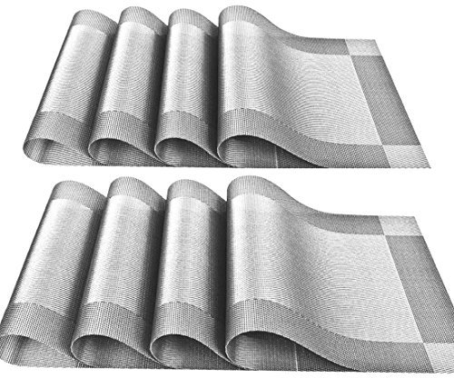 YOY Tischsets aus PVC, für die Küche, 8 Stück, für Esszimmertisch, Essmatten für Kinder, rechteckig, waschbar, Jacquard, gewebter Kunststoff, Vinyl, einfacher Stil, silbergrau