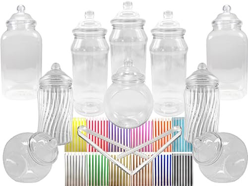 10 Assorted Plastic Sweet Jars, 2 tongs, 50 Bags for Parties, Weddings, Candy Buffet (Gold)