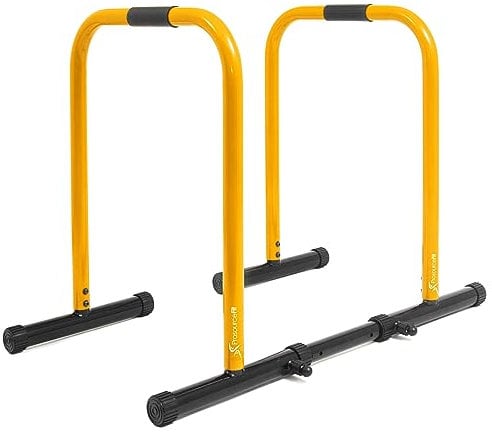 ProsourceFit Dip Stand Station, Heavy Duty Ultimate Body Press Bar with Safety Connector for Tricep Dips, Pull-Ups, Push-Ups, L-Sits, Yellow