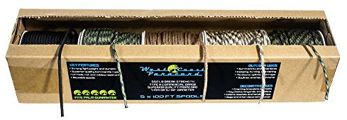 West Coast Paracord Paracord-Box-Set, Typ III, 100 Fußspulen in 5 Farben, 250 kg