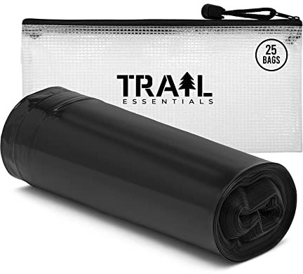 Trail Essentials Toilet Liners; 25 Count, Hygienic, Leak-Proof, Odor Free, Compatible with Camping Commodes and Portable Toilets, Black Opaque Color– Roll of Liners in Convenient Carry Case