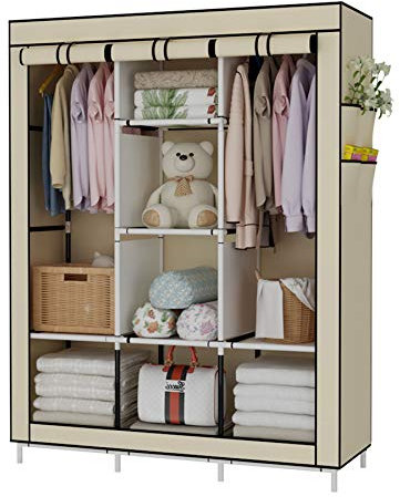 UDEAR Portable Wardrobe Closet Clothes Organizer Non-Woven Fabric Cover with 6 Storage Shelves, 2 Hanging Sections and 4 Side Pockets，Beige