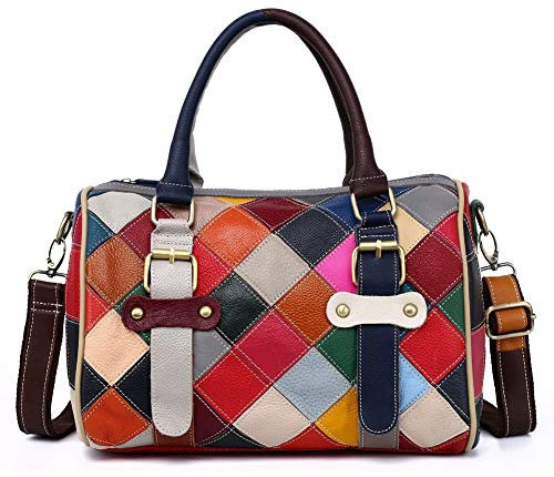 Segater® Damen Multicolor Einkaufstasche Echtes Leder Handtasche Bunte Patchwork Große Umhängetasche Shopper Taschen Großer Crossbody Hobo Handtasche