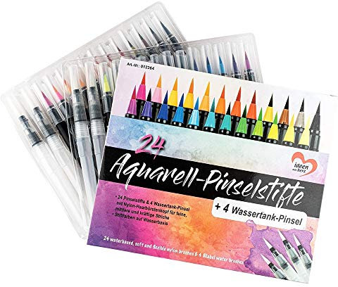 Ideen mit Herz 24 Aquarell-Pinselstifte & 4 Wassertank-Pinsel mit Nylon-Haarbürstenkopf | Brush Pen Set | auf Wasserbasis | ideal für Handlettering, Kalligraphie, Malen, Zeichnen