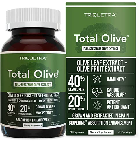 Total Olive® - Olive Leaf Extract (40% Oleuropein) Plus Olive Fruit Extract (20% Hydroxytyrosol) – Full Spectrum Extract Grown & Extracted in Spain – BioPerine Absorption Enhancement (60 Count)