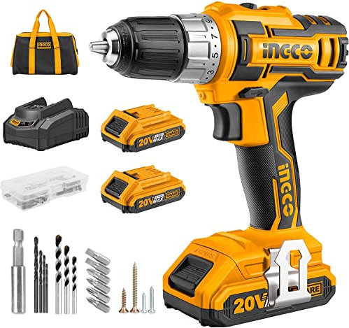 INGCO 20V Taladro Atornillador, Taladro Percutor a Batería, 2 x 2.0Ah Baterías Litio, 45Nm Máx, 15+1 Ajuste de Par, 2 Velocidad, LED Luz Para Hogar, 47 pzas Accesorios CDLI2002