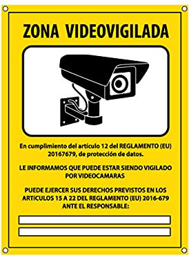 Cartel videovigilancia - Placa zona videovigilada – Carteles cámara vigilancia 20x15 cm - Amarillo Interior-Exterior - PVC (1 Pieza Cartel Videovigilancia)