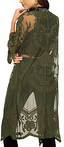YouKD Cardigan da donna in pizzo trasparente, stile boho, lungo, kimono, spiaggia, copricostume da bagno, Verde, Etichettalia unica