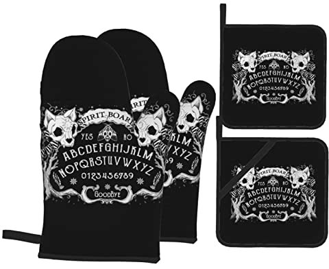 YUMEBLTD Ofenhandschuhe, Katzenschädelkopf, Hexenbrett, schwarz, Gothic-Ofenhandschuh und Topflappen für Küche, Kochen, Backen, Grillen, Grillen