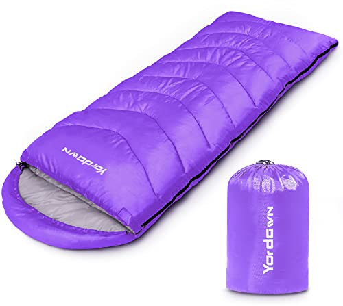 Yordawn Schlafsack Outdoor Camping für Erwachsene Kinder, Schlafsäcke Sommer Winter 3-4 Jahreszeiten, Deckenschlafsack Ultraleicht Sleeping Bag Kleines Packmaß Reiseschlafsack Wasserdichter, Lila
