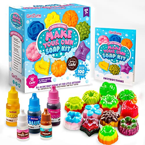 GirlZone Little Artisan Make Your Own Soap Kit, Seifen-Set Zum Selbermachen für Kinder um 12 Kuchen-Seifen mit Leckeren Düften und Farben zu Erstellen, 100-teilliges Set
