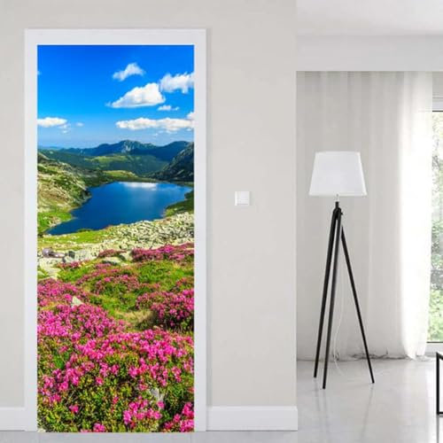 XAONUO Autocollants De Porte 3D Fleurs Montagnes Paysage 40X120Cm Stickers Porte Poster Couloir 3D Papier Peint Porte Trompe L'Oeil Pour Salon Chambre Stickers Muraux Imperméable