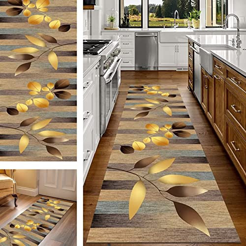 Teppich Läufer Flur Küche Braun Gold 70X250CM Teppichläufer rutschfest Waschbar, Modern Design Meterware 3D Küchenläufer für Korridor Schlafzimmer Wohnzimmer Kinderzimmer Esszimmer Flurläufer