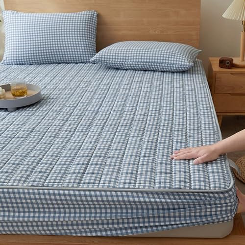 YUDEYU Gesteppte Schicht Spannbettuch Twill-Prozess Gewaschener Baumwollstoff Tagesdecke Matratzenschoner Topper leintuch spannbettlaken (Farbe : Sblue Plaid, Größe : 120x200cm/High 30cm)