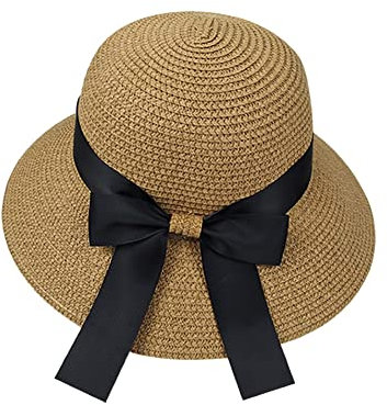Women Foldable Bowknot Hat Wide Brim Straw Hat Floppy Summer Sun Cap UV Protection Beach Cap Sun Visor Hat for Travel Vacation Brown