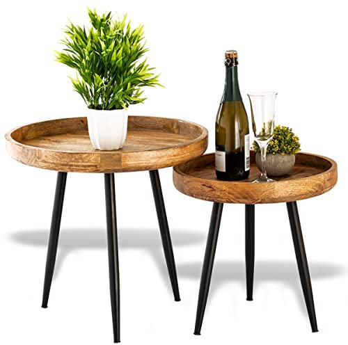 ELYFLAIR® 2er Set Couchtisch aus Massivholz – Beistelltisch – Tisch – Mango Altholz Rund – Holz mit ausdrucksstarker Maserung