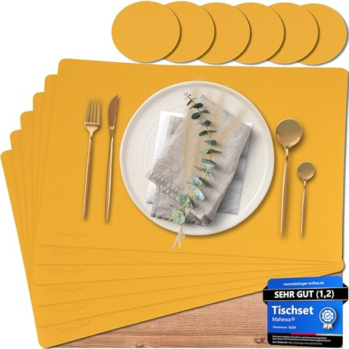 Mahewa® 6er Set Premium Tischset aus Kunstleder - Platzset abwaschbar und wasserdicht - Platzdeckchen Telleruntersetzer in Lederoptik (Senfgelb, Eckig)