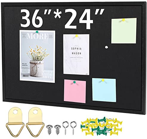 Teling 36 x 24 Cork Board Large Wood Framed Cork Bulletin Board with Pins Eye Bolts Screws Notice Pin Hook for Home School Office Walls(Black Frame)