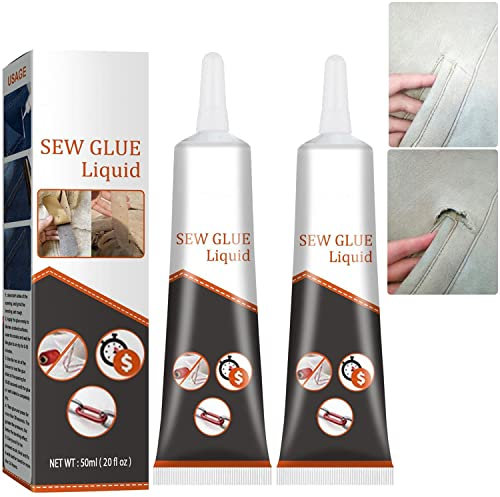 Cloth Repair Sew Glue 50ml, Liquid Stitch Permanent Fabric Glue, Clear Quick Dry Washable Multi Fabric Sew Glue for Clothing Cotton Flannel Denim Leather (2Pcs)