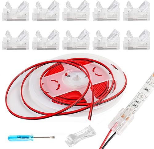 HOMELYLIFE 10 Stück 2 Polig 10 mm LED Strip Verbinder lötfrei mit 16,4 Fuß Verlängerungskabel, 2 Leiter für wasserdichte oder nicht wasserdichte 10 mm breite LED-Streifen