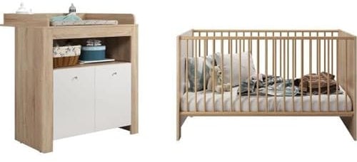 trendteam smart living - Pia - Babyzimmer Komplett-Set - Eiche/Weiß - modernes Babyzimmer-Set bestehend aus Babybett und Wickelkommode - Bett höhenverstellbar von 19 auf 51,8 cm