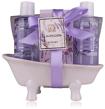 Accentra – Duschset Frauen Geschenkset LAVENDEL in schöner Keramikbadewanne– 3-teiliges Pflegeset mit Duschgel, Schaumbad & Badesalz – Wellness Geschenk Set zum Geburtstag, Valentinstag & Weihnachten
