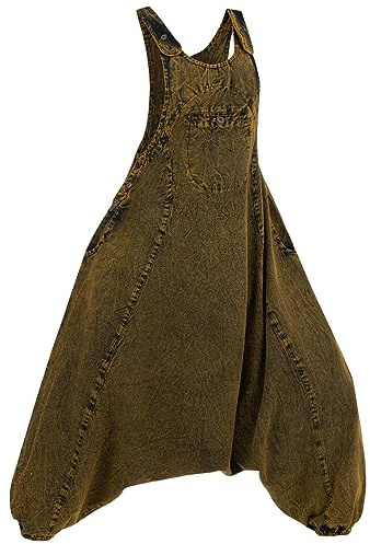 Kunst und Magie Damen Latzhose Hippie Haremshose Goa Hose Boho 70er Jumpsuit Overall Stonewashed Catsuit