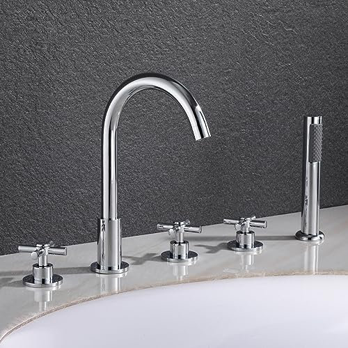 XJTNLB Robinet Douche Baignoire Poignée en Croix Mitigeur Bain Douche 5 Trous Rotatif à 360° Mitigeur Douche 2 Sorties,Chromé