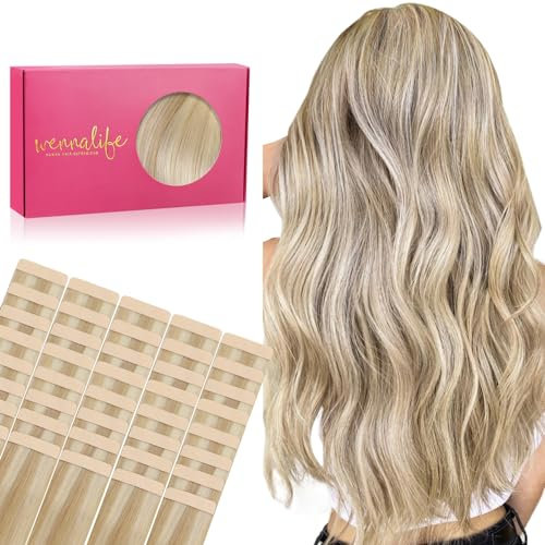 WENNALIFE Tape Extensions Echthaar, 40pcs 60g 25cm 10 Zoll Dreckiges Blond Highlights Bleichblond Haarverlängerung Echthaar Extensions Tape Invisible Tape in Extensions Echthaar Seidig Hair Extensions