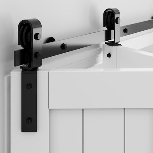 WINSOON 152,4 cm große Bifold Scheunentür-Hardware: Glatte, leise, doppelt gefaltete Schiebetürbeschläge für 142,2 cm Schranktüren, schwarzes Faltschienen-Set, einfach zu installieren, Bi Fold