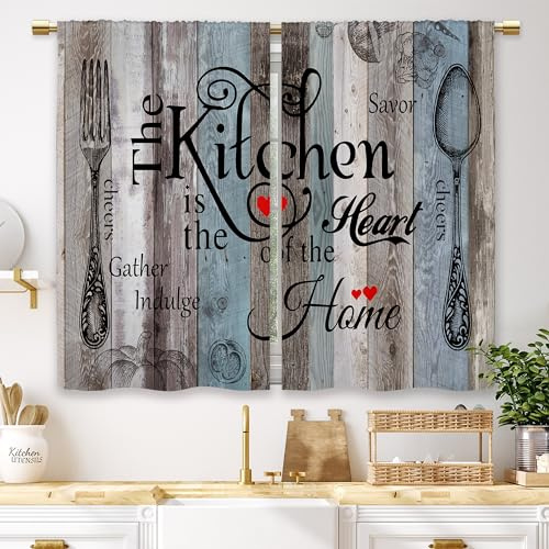 Laifzere Tende da cucina rustiche blu verde acqua, motivo legno piccole corte, vintage con forchetta e cucchiaio, retrò, per bagno, soggiorno, camera da letto, 2 pannelli (60 x 90 cm)