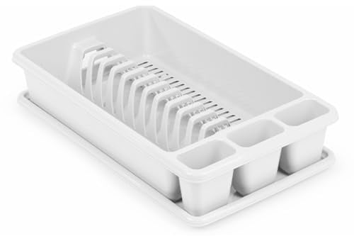 Acan Tradineur - Scolapiatti in plastica, organizer da cucina, con vassoio, 45,5 x 26 x 9 cm, colore: bianco