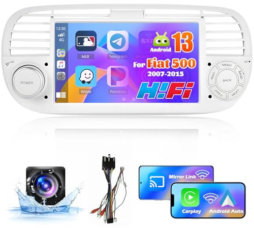 Inefala Android 15 Autoradio per Fiat 500 (2007-2015) 7 Pollici Car Radio con Wireless Carplay Android Auto GPS Bluetooth WiFi FM RDS Hi-Fi SWC 2USB AHD Telecamera Retromarcia (Bianco)