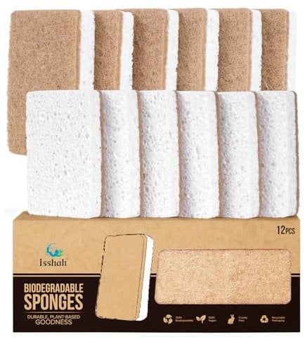 Isshah Plant-Based Kitchen Sponges - FSC Certified and PETA Approved, Natural, Eco-Friendly, Biodegradable Sisal Hemp Sponges for Dishes, Cleaning Sponge for Kitchen, Bathroom, Household - 12 Count