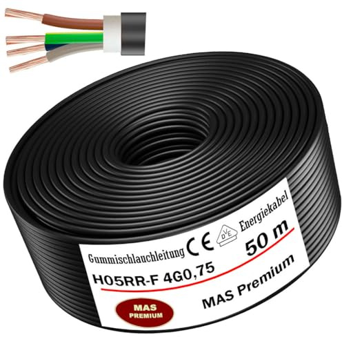 MAS Premium 5-100m Gummischlauchleitung Energie- Baustellenkabel H05RR-F 2x 0,75_1_1,5; 3G 0,75_1_1,5_2,5; 4G 0,75_1_1,5; 5G 1,5_2,5 Flexibel Leitung für leichten Geräten (H05RR-F 4G 0,75 mm², 50m)